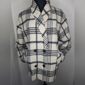 Vtg 80s Saxton Hall White Black Plaid Double Breasted Button Up Wool Coat Sz 12